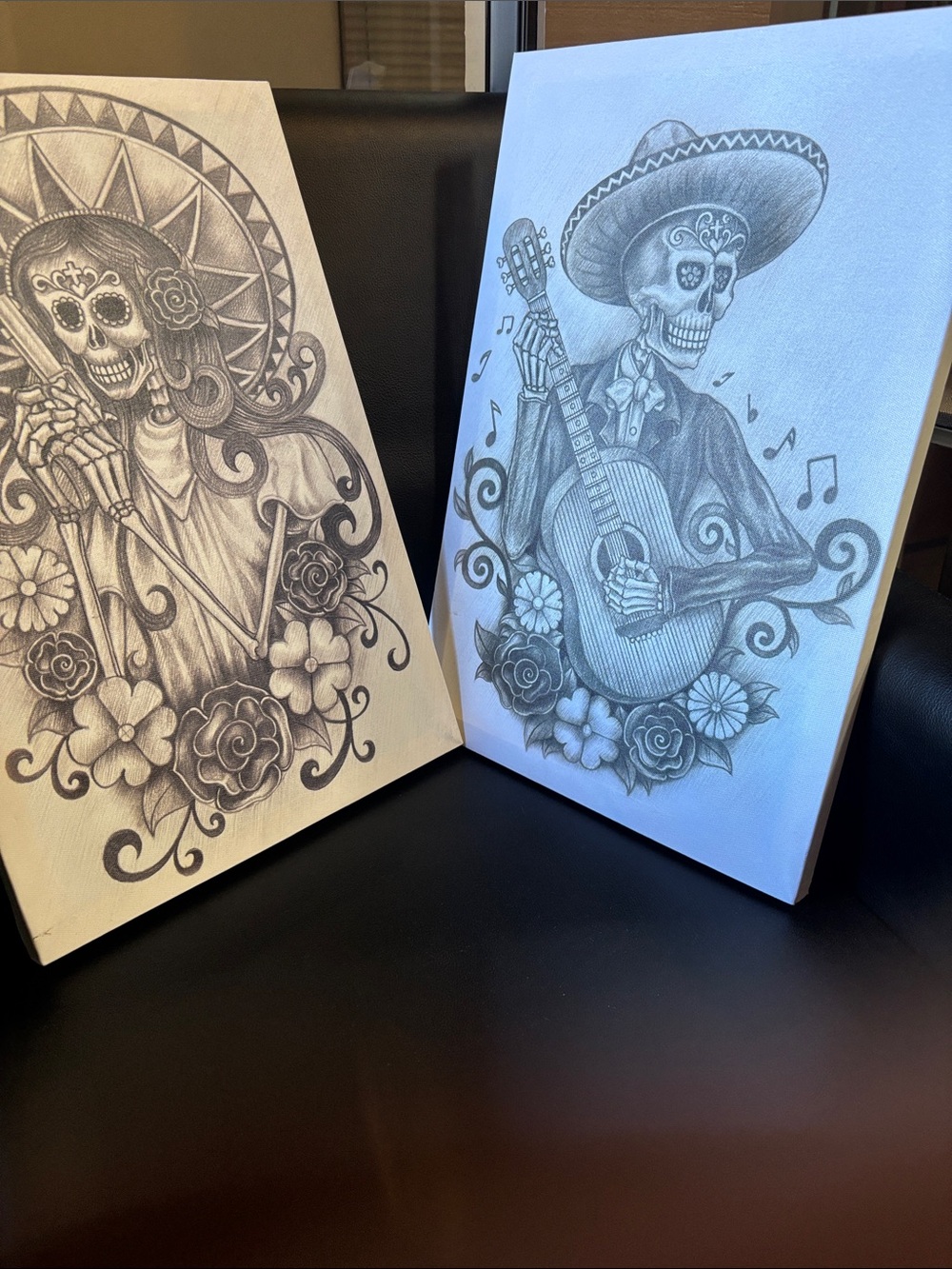 Day of the Dead Skeleton Guitar & Lady Art Prints – Black & White Canvas